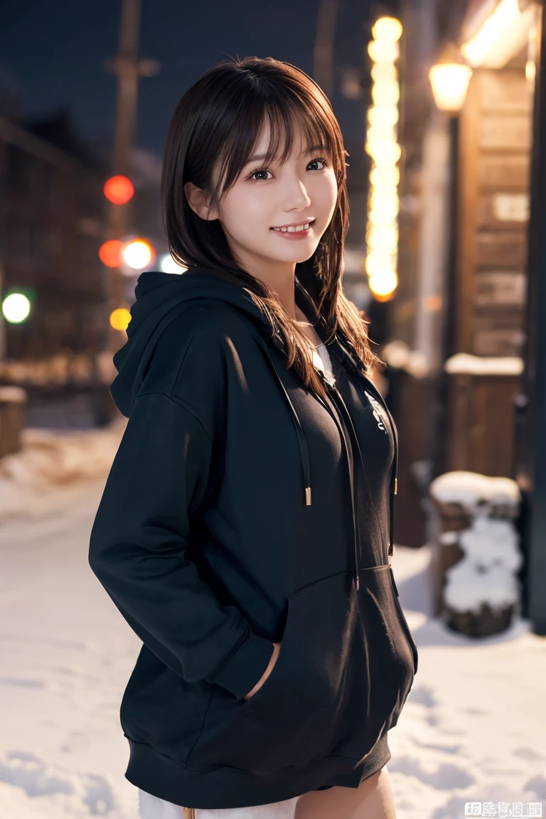1 Girl, (Wear a black hoodie:1.2), (RAW Photos, highest qualthaty), (Realistic, Realistic:1.4), Tabletop, Very delicate and beautiful, Very detailed, 2k wallpaper, wonderful, finely, Very detailed CG Unthaty 8K 壁紙, Very detailed, High resolution, Soft Light, Beautiful detailed girl, Very detailed目と顔, Beautiful and sophisticated nose, finelyて美しい目, Cinema Lighting, Illuminations that light up the cthaty on a snowy night, Snow Scene, that&#39;that&#39;that&#39;it&#39;s snowing, Snow fell in my hair, Perfect Anatomy, Slender body, Was nervous, 
Straight semi-long hair, bangs, Looking at the audience, smile、Fluffy scarf、On the bed、pajamas