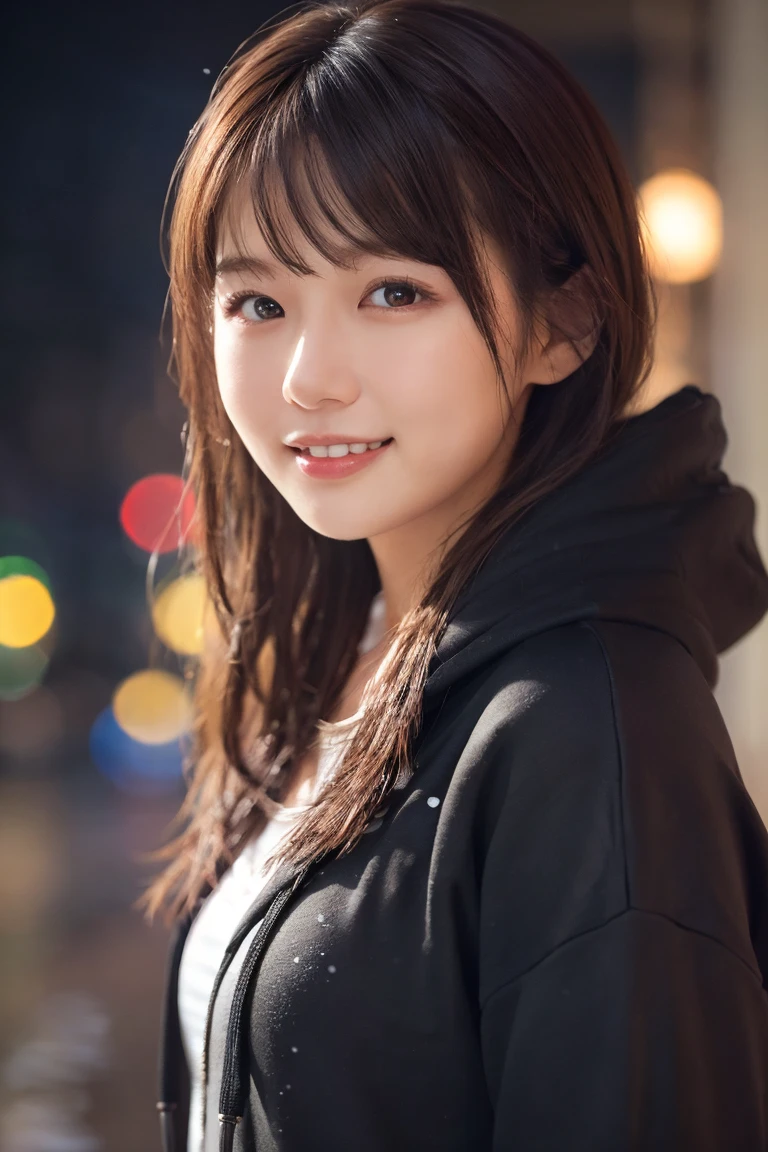 1 Girl, (Wear a black hoodie:1.2), (RAW Photos, highest qualthaty), (Realistic, Realistic:1.4), Tabletop, Very delicate and beautiful, Very detailed, 2k wallpaper, wonderful, finely, Very detailed CG Unthaty 8K 壁紙, Very detailed, High resolution, Soft Light, Beautiful detailed girl, Very detailed目と顔, Beautiful and sophisticated nose, finelyて美しい目, Cinema Lighting, Illuminations that light up the cthaty on a snowy night, Snow Scene, that&#39;that&#39;that&#39;it&#39;s snowing, Snow fell in my hair, Perfect Anatomy, Slender body, Was nervous, 
Straight semi-long hair, bangs, Looking at the audience, smile、Fluffy scarf、On the bed、pajamas