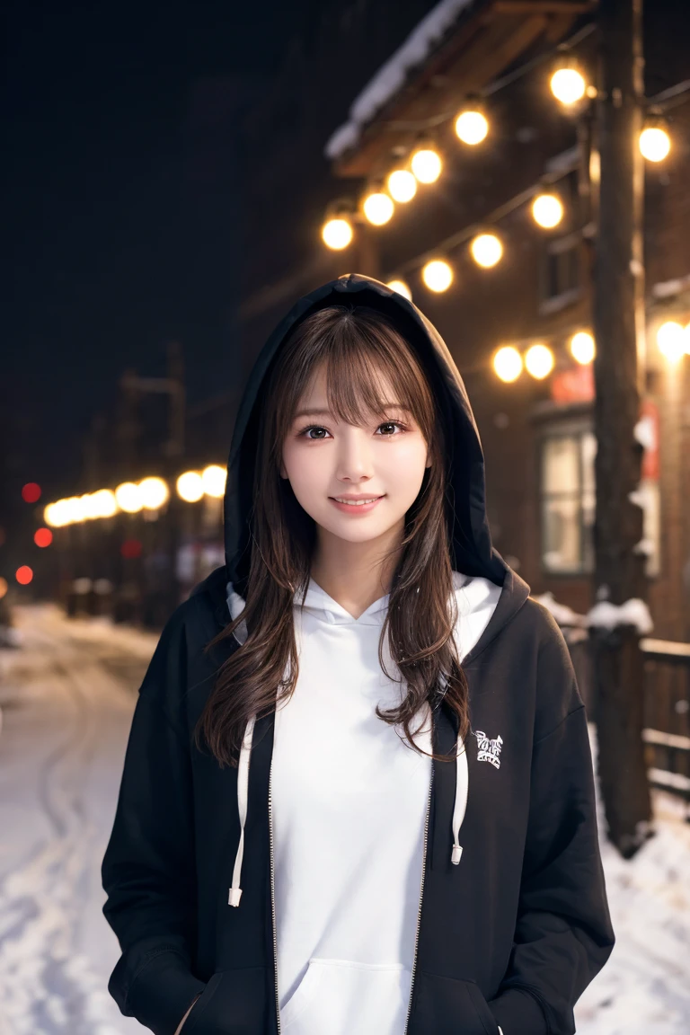 1 Girl, (Wear a black hoodie:1.2), (RAW Photos, highest qualthaty), (Realistic, Realistic:1.4), Tabletop, Very delicate and beautiful, Very detailed, 2k wallpaper, wonderful, finely, Very detailed CG Unthaty 8K 壁紙, Very detailed, High resolution, Soft Light, Beautiful detailed girl, Very detailed目と顔, Beautiful and sophisticated nose, finelyて美しい目, Cinema Lighting, Illuminations that light up the cthaty on a snowy night, Snow Scene, that'that'that'it's snowing, Snow fell in my hair, Perfect Anatomy, Slender body, Was nervous,
Straight semi-long hair, bangs, Looking at the audience, smile、Fluffy scarf、On the bed、pajamas