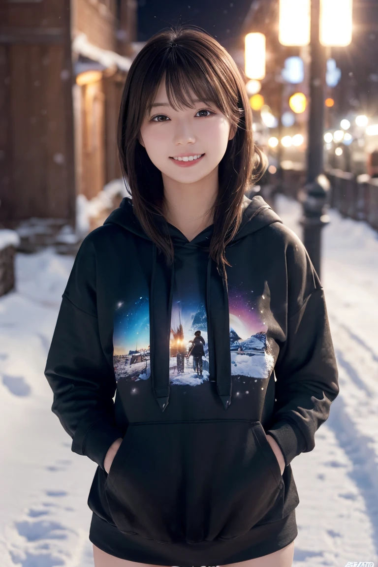 1 Girl, (Wear a black hoodie:1.2), (RAW Photos, highest qualthaty), (Realistic, Realistic:1.4), Tabletop, Very delicate and beautiful, Very detailed, 2k wallpaper, wonderful, finely, Very detailed CG Unthaty 8K 壁紙, Very detailed, High resolution, Soft Light, Beautiful detailed girl, Very detailed目と顔, Beautiful and sophisticated nose, finelyて美しい目, Cinema Lighting, Illuminations that light up the cthaty on a snowy night, Snow Scene, that&#39;that&#39;that&#39;it&#39;s snowing, Snow fell in my hair, Perfect Anatomy, Slender body, Was nervous, 
Straight semi-long hair, bangs, Looking at the audience, smile、Fluffy scarf、On the bed、pajamas