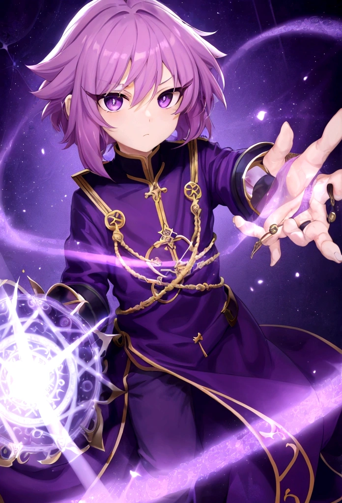 trunk, 1 boy, cabelo roxo, hypdertailed, purples eyes,, short sword, medium breaths ,tissue, wall-paper, Magic circle background, Light particles,