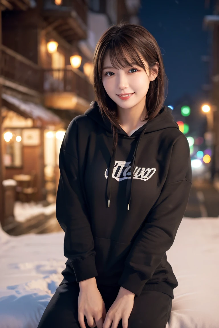 1 Girl, (Wear a black hoodie:1.2), (RAW Photos, highest qualthaty), (Realistic, Realistic:1.4), Tabletop, Very delicate and beautiful, Very detailed, 2k wallpaper, wonderful, finely, Very detailed CG Unthaty 8K 壁紙, Very detailed, High resolution, Soft Light, Beautiful detailed girl, Very detailed目と顔, Beautiful and sophisticated nose, finelyて美しい目, Cinema Lighting, Illuminations that light up the cthaty on a snowy night, Snow Scene, that&#39;that&#39;that&#39;it&#39;s snowing, Snow fell in my hair, Perfect Anatomy, Slender body, Was nervous, 
Straight semi-long hair, bangs, Looking at the audience, smile、Fluffy scarf、On the bed、pajamas