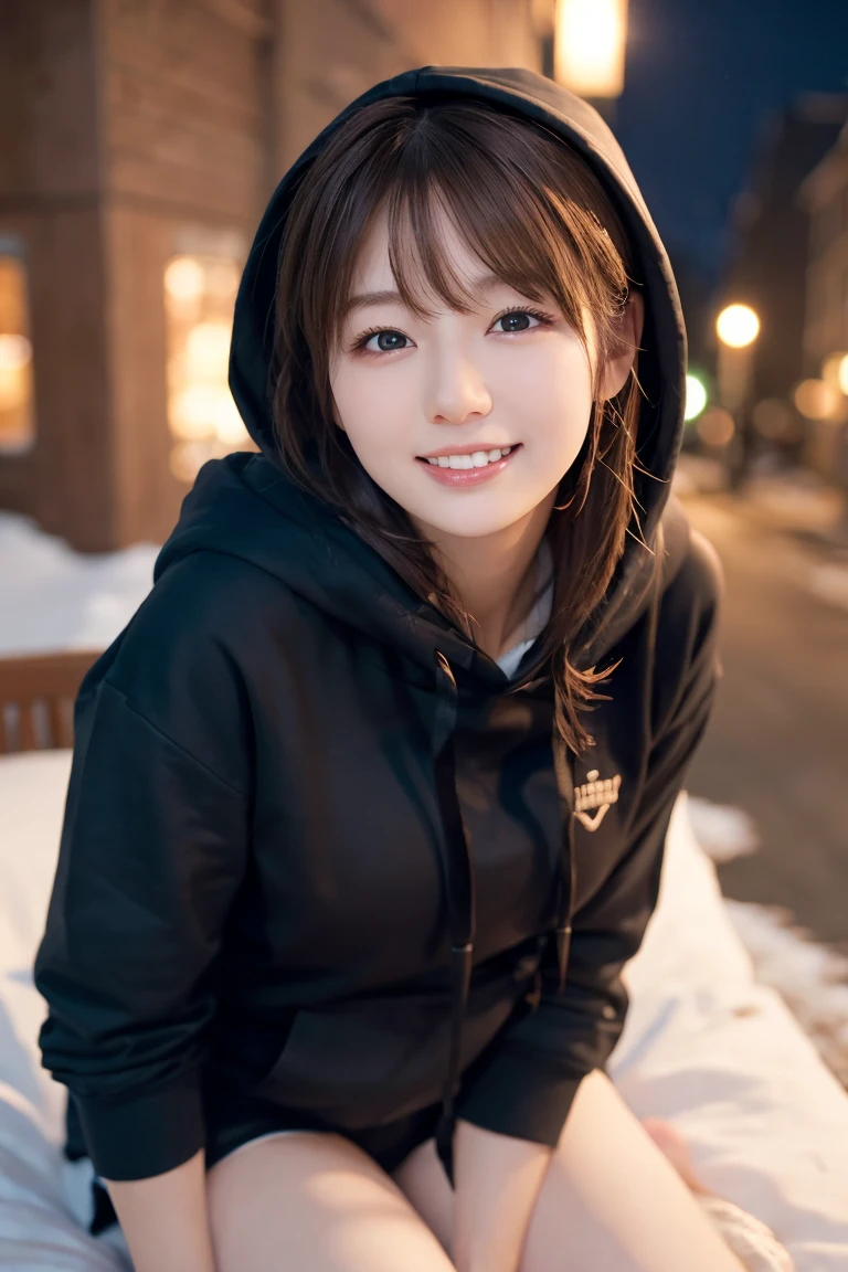 1 Girl, (Wear a black hoodie:1.2), (RAW Photos, highest qualthaty), (Realistic, Realistic:1.4), Tabletop, Very delicate and beautiful, Very detailed, 2k wallpaper, wonderful, finely, Very detailed CG Unthaty 8K 壁紙, Very detailed, High resolution, Soft Light, Beautiful detailed girl, Very detailed目と顔, Beautiful and sophisticated nose, finelyて美しい目, Cinema Lighting, Illuminations that light up the cthaty on a snowy night, Snow Scene, that'that'that'it's snowing, Snow fell in my hair, Perfect Anatomy, Slender body, Was nervous,
Straight semi-long hair, bangs, Looking at the audience, smile、Fluffy scarf、On the bed、pajamas