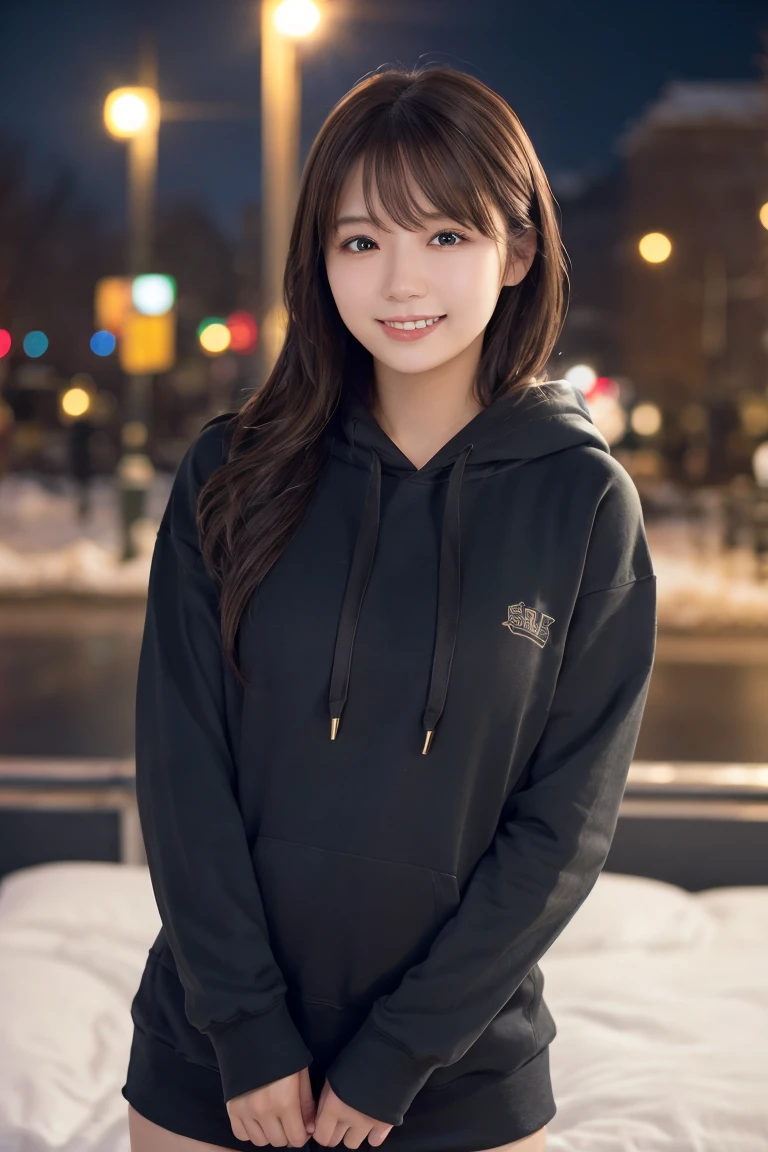 1 Girl, (Wear a black hoodie:1.2), (RAW Photos, highest qualthaty), (Realistic, Realistic:1.4), Tabletop, Very delicate and beautiful, Very detailed, 2k wallpaper, wonderful, finely, Very detailed CG Unthaty 8K 壁紙, Very detailed, High resolution, Soft Light, Beautiful detailed girl, Very detailed目と顔, Beautiful and sophisticated nose, finelyて美しい目, Cinema Lighting, Illuminations that light up the cthaty on a snowy night, Snow Scene, that&#39;that&#39;that&#39;it&#39;s snowing, Snow fell in my hair, Perfect Anatomy, Slender body, Was nervous, 
Straight semi-long hair, bangs, Looking at the audience, smile、Fluffy scarf、On the bed、pajamas
