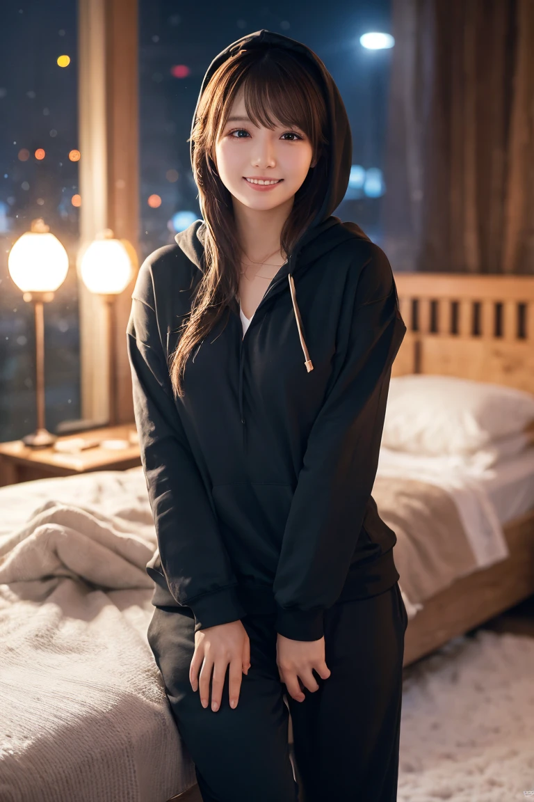 1 Girl, (Wear a black hoodie:1.2), (RAW Photos, highest qualthaty), (Realistic, Realistic:1.4), Tabletop, Very delicate and beautiful, Very detailed, 2k wallpaper, wonderful, finely, Very detailed CG Unthaty 8K 壁紙, Very detailed, High resolution, Soft Light, Beautiful detailed girl, Very detailed目と顔, Beautiful and sophisticated nose, finelyて美しい目, Cinema Lighting, Illuminations that light up the cthaty on a snowy night, Snow Scene, that&#39;that&#39;that&#39;it&#39;s snowing, Snow fell in my hair, Perfect Anatomy, Slender body, Was nervous, 
Straight semi-long hair, bangs, Looking at the audience, smile、Fluffy scarf、On the bed、pajamas