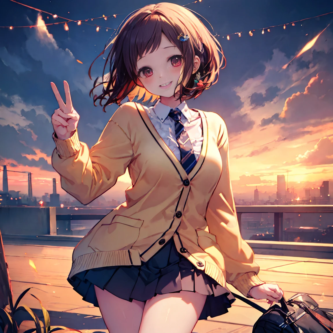 Smile,best Smile,double Peace,cardigan,miniskirt,masterpiece,best quality,ultra detailed,high resolution,extremely detailed CG, (perfect hand),