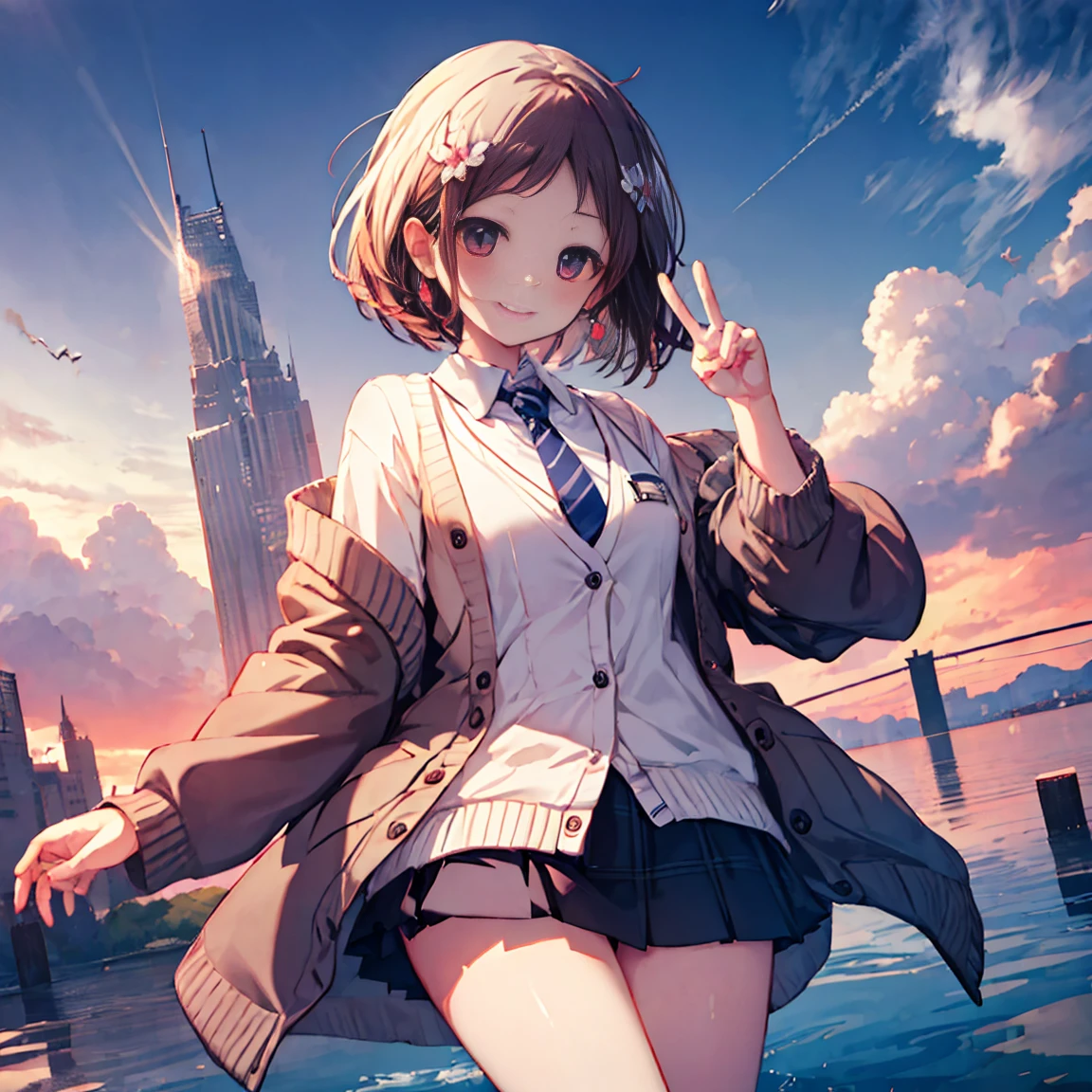 Smile,best Smile,double Peace,cardigan,miniskirt,masterpiece,best quality,ultra detailed,high resolution,extremely detailed CG, (perfect hand),