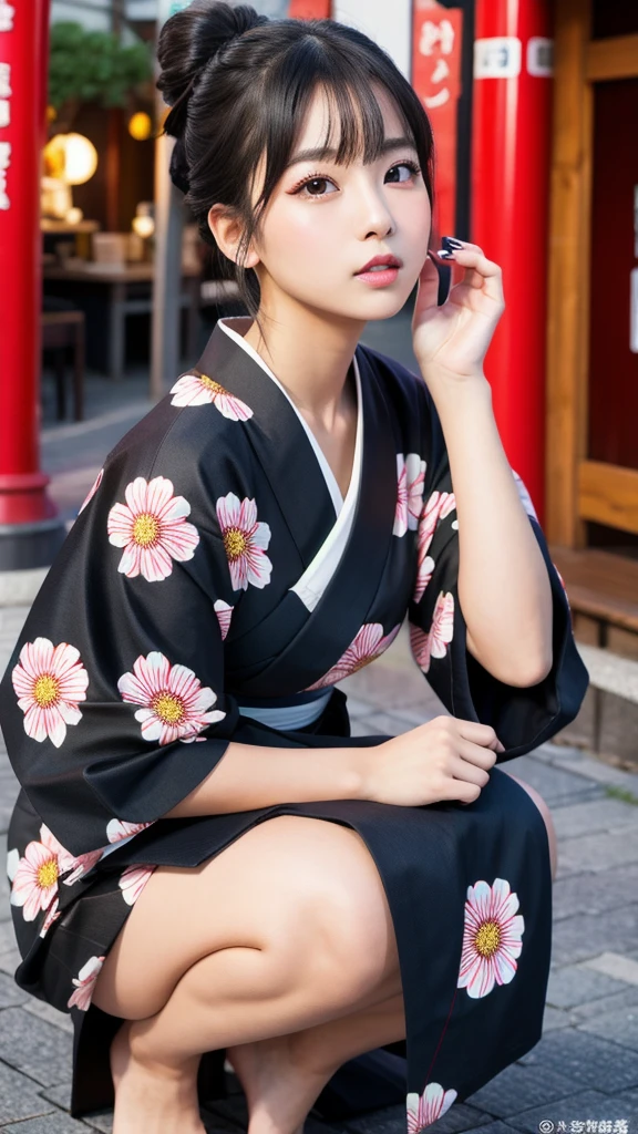 (8K, Realistic, RAW Photos, Highest quality: 1.4, detailed),Japanese idol-style beautiful girl,1 person,18-year-old,(Black Hair),Hair is in a bun,Large, clear grey eyes,Long eyelashes,(piercings(small)),(Lip gloss),lips(Plump,glossy),yukata(Japan Traditional Dresses,Long length),Thick obi,Night Festival,Knee Top Portrait