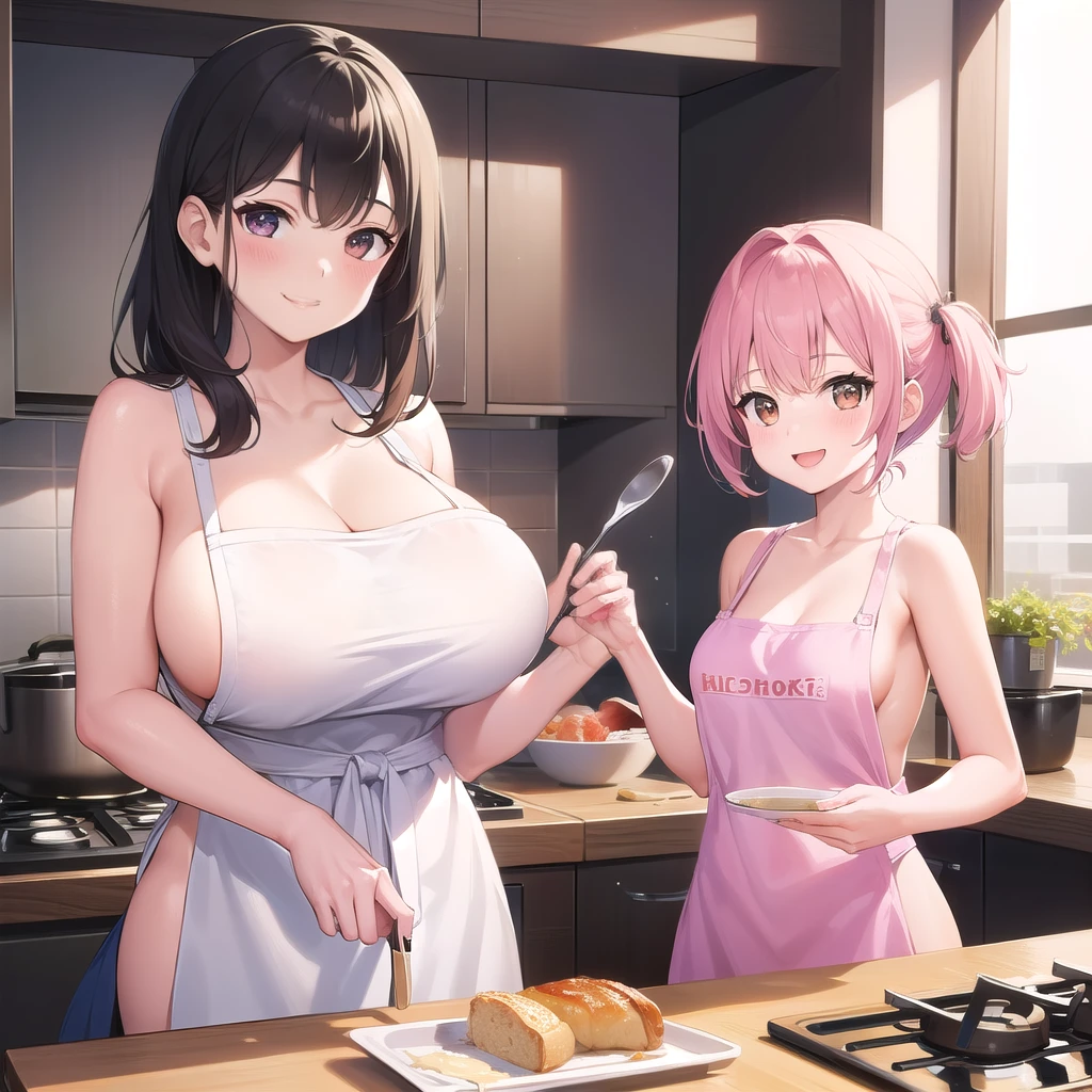 2girl,naked apron,big breast,smile,メイド,cooking breakfast