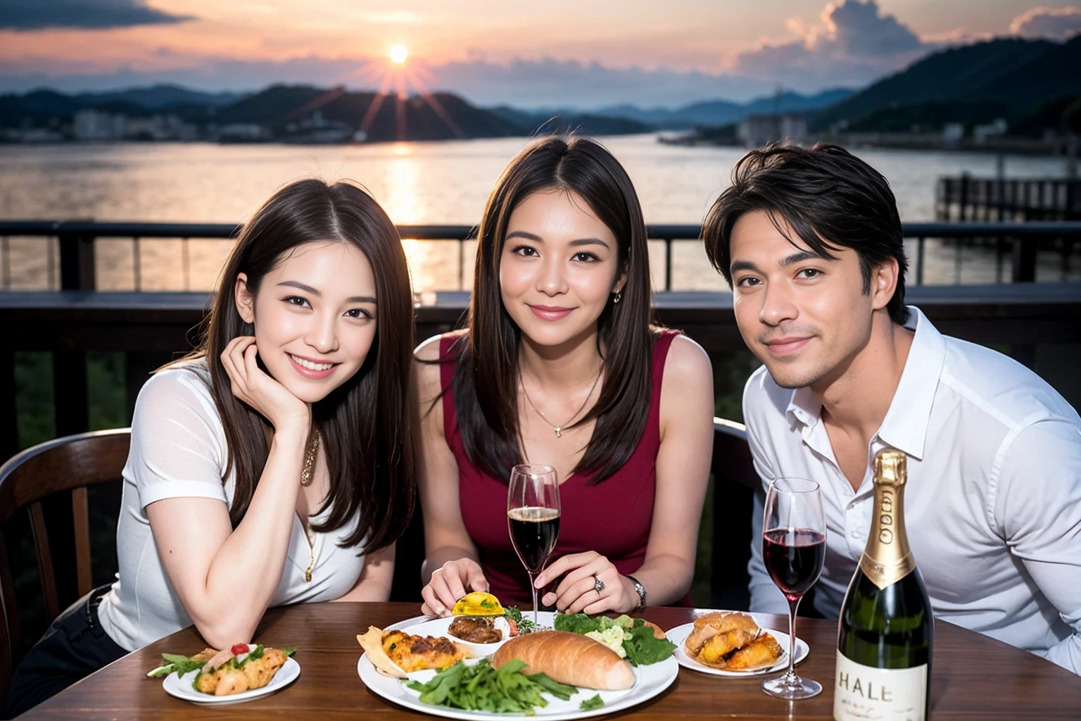 ((Highest quality、、masterpiece:1.3))、1 male 1 female、Slim lover、Love Love Couple、Beautiful couple、smile、full-course dinner、 (Slim face), (the body is スリム), (Brown Hair), (Shortcuts), ((Bob Hale、Straight hair:1.2)), テーブルの上のwine glass、Shine light on your face、 Amazing view of the sunset sky and clouds、smileの美しさ、Bright image、Blushing, Shortcuts, (43 years old), 39 years old, Appetizers、Italian food、Wine bottle、Champagne、sparkling wine、Attractive beauty、restaurant, Nova Frog Style, actress, model, Upper Body, White wine, red wine, wine glass,