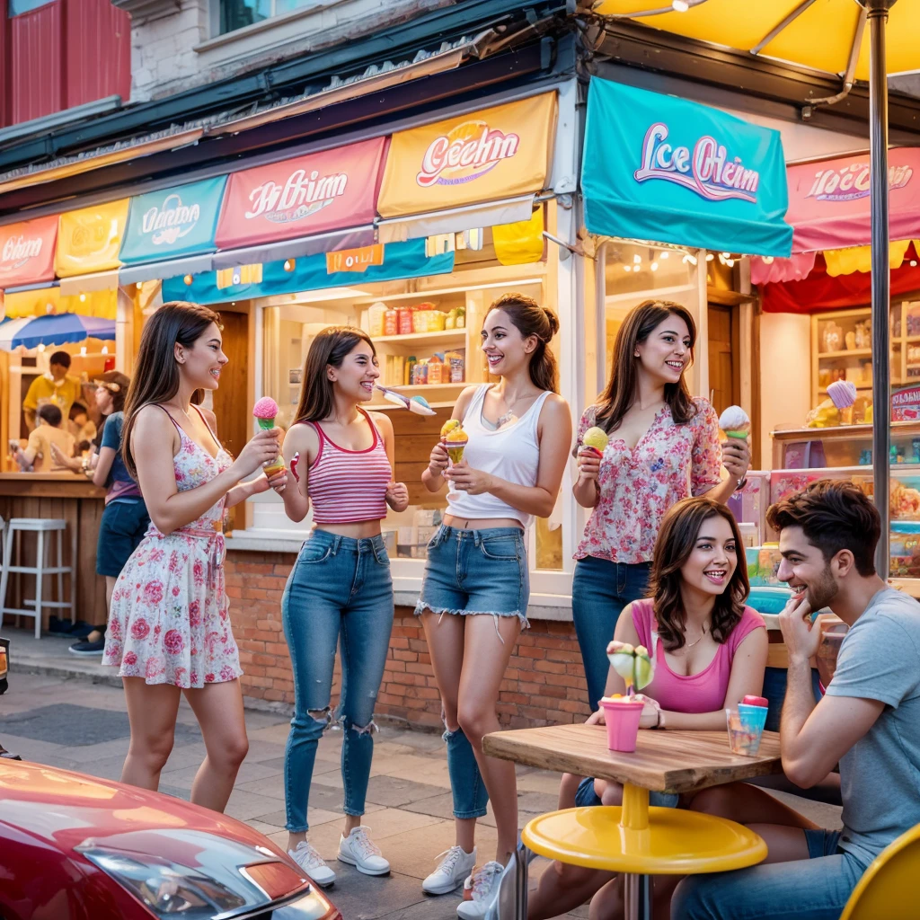 a group of people enjoying ice creams and popsicles, ultra hd background suitable for the moment, marketing for ice cream shop with a catchy phrase to attract customers, detailed people, realistic textures, bright vibrant colors, soft lighting, inviting atmosphere