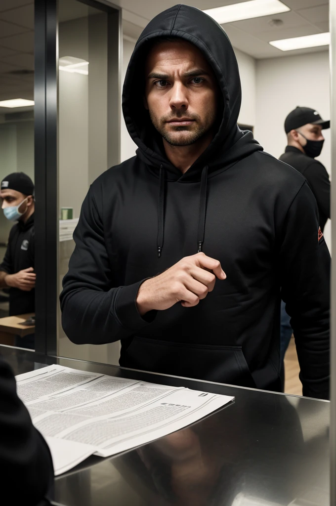 Create an image of a tense bank robbery scene featuring a white male in his 30s, wearing a dark hoodie . He is holding a handgun and pointing it at a frightened bank teller behind the counter. The bank has a modern interior with polished floors, large windows, and a few scattered customers ducking for cover. The robber’s expression and body language should convey a sense of desperation and urgency. The atmosphere is tense and dramatic, with a sense of imminent danger.