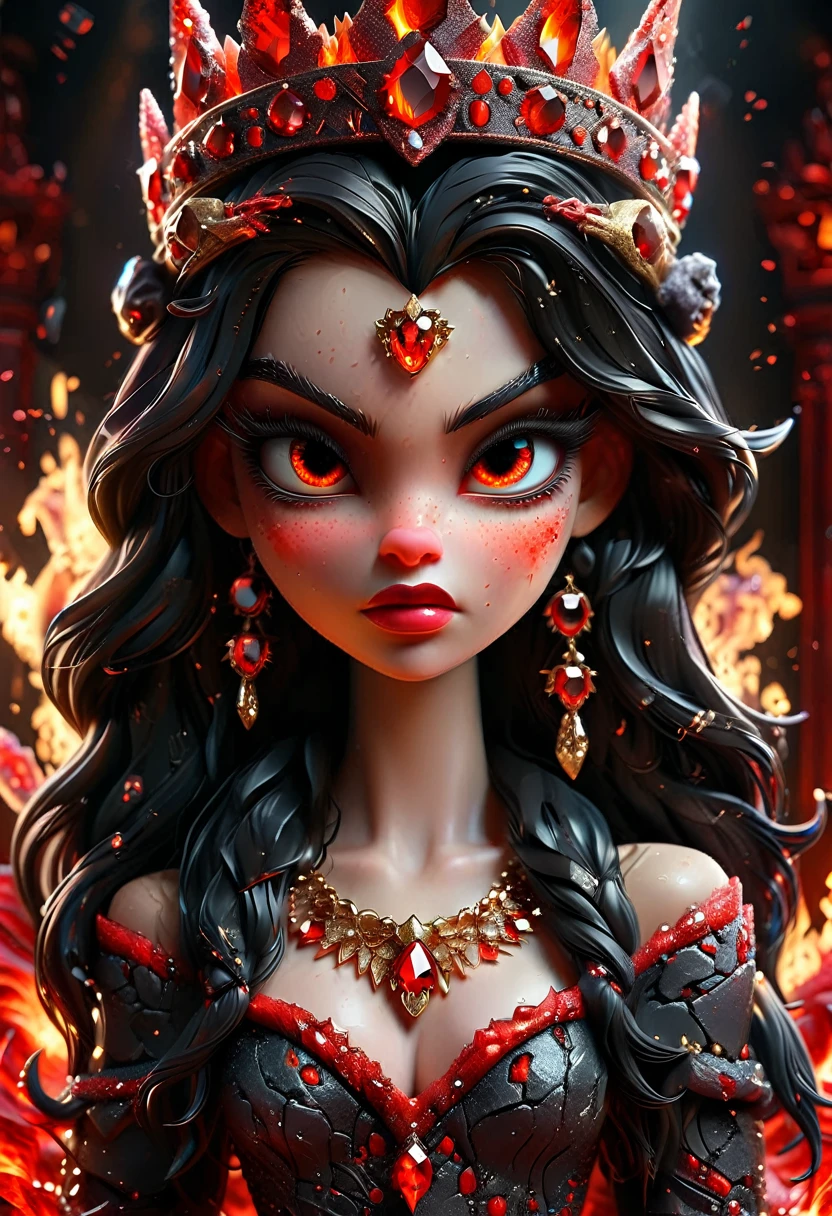 Arafed a dark glamour picture of the queen of demons in the halls of hell, full body shot, a demons queen magnificent and full of awe, black hair, long hair, flowing hair, bold intense eyes, extremely exquisite beautiful queen, perfect body, (anatomically correct: 1.3), ultra feminine, ultra detailed face, black lips, fiery glowing eyes, (demonic horns from head: 1.1) , (red skin: 1.3), dynamic angle, there is (golden crown on her head: 1.1), studded with diamonds and rubies, the hall of the queen of hell background, (masterpiece: 1.4) intense details, highly detailed, photorealistic, best quality, highres,16k, [ultra detailed], masterpiece, best quality, (extremely detailed), close up, ultra wide shot, photorealistic, RAW, fantasy art, dnd art, fantasy art, realistic art,((best quality)), ((masterpiece)), (detailed: 1.5) faize, intense gaze, ral-ntrgmstn, RedGlitter