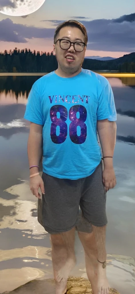 A beautiful shining moon behind this man at night and there is a lake water