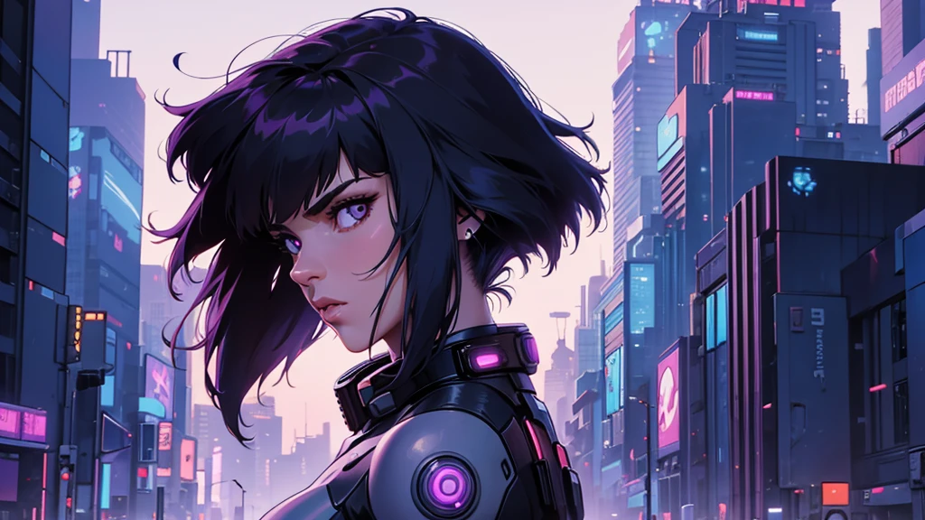 (masterpiece), (best quality), (very detailed), ((1 woman)), (cyberpunk), future city background, ((ghost in the shell)), detailed eyes, Detailed nose, Detailed lips, perfect face, perfect body, revealing combat suit, Place a small person on the left side of the picture, movie poster, landscape