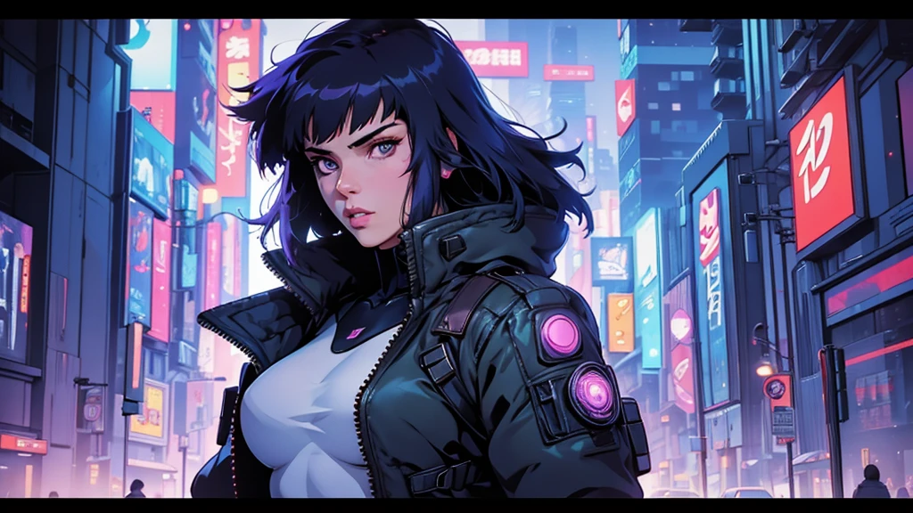 (masterpiece), (best quality), (very detailed), ((1 woman)), (cyberpunk), future city background, ((ghost in the shell)), detailed eyes, Detailed nose, Detailed lips, perfect face, perfect body, revealing combat suit, Place a small person on the left side of the picture, movie poster, landscape