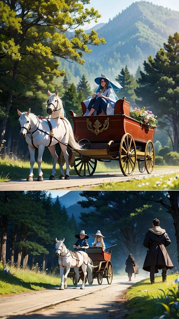 create a luxurious royal carriage with beautiful horses pulling, an escort of knights ahead, strolling along a dirt road on the edge of a beautiful lake with forest, a post-rain atmosphere softens the environment and a beautiful afternoon sun brightens the image, beauty of details, bright coloured, cinematic photo stylish fantasy film