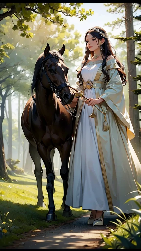 create a luxurious royal carriage with beautiful horses pulling, an escort of knights ahead, strolling along a dirt road on the edge of a beautiful lake with forest, a post-rain atmosphere softens the environment and a beautiful afternoon sun brightens the image, beauty of details, bright coloured, cinematic photo stylish fantasy film