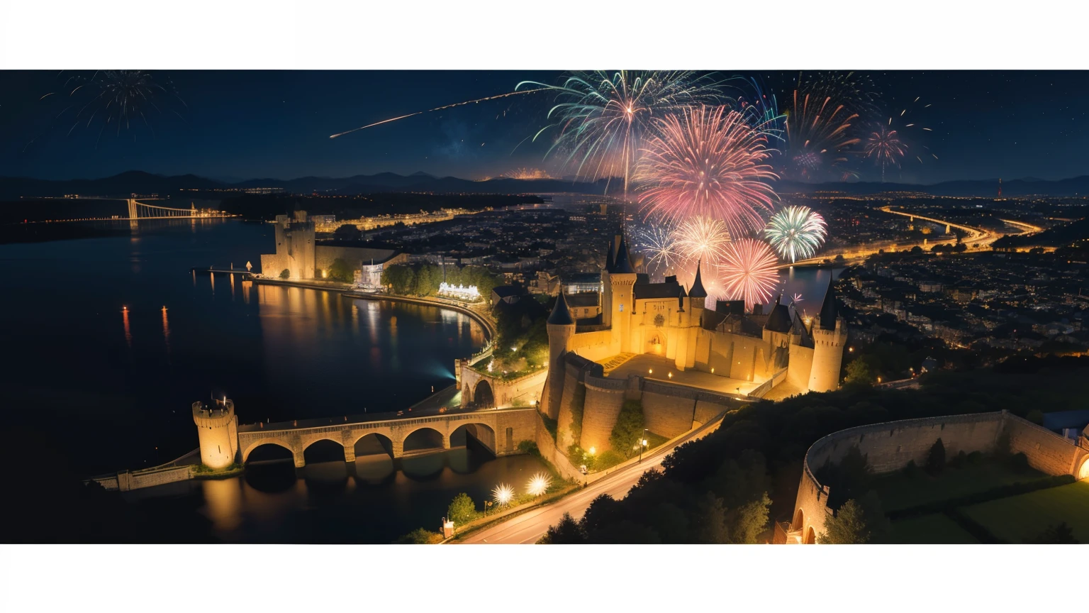 (Late Night,Aerial view of the earth,Fireworks show,castle),Medieval Town,City Wall,Pitch black