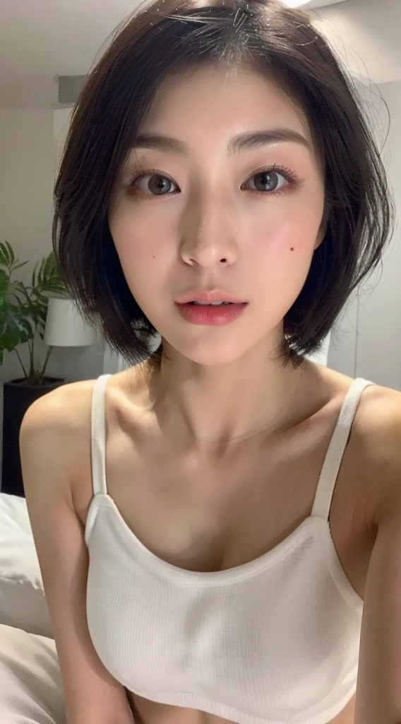 ((Realistic lighting, best qualtiy, 8K, tmasterpiece:1.3)), sharp focus:1.2, 1girl, Beautiful Women with Perfect Figure:1.4, Slim abs:1.1, ((dark brown short hair)), (White crop top:1.4),(exteriors,during night:1.1),Sit on the indoor bed,Ultra-fine face,Fine eyes,double eyelid,Leaks out the entire delicate breast