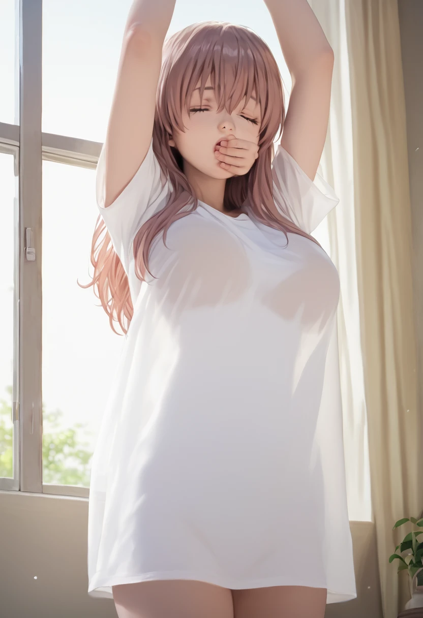 score_9,score_8_up,score_7_up,masterpiece,best quality, source anime, photorealistic, hyperrealistic, 8k,photo,raw,super detailed, extreme detailed, rating_explicit, 
1girl, standing, (arms up, Stretching), Yawning, covering mouth, cowboy shot, from below,
BREAK girl, shouko nishimiya, 18yo, long hair, pink brown hair, bangs between eyes, brown eyes, (large breasts:0.9),
shiny hair, beautiful detailed eyes, beautiful face,
white long shirt, see through, oversized clothes, (zettai ryouiki:1.4), bare thighs, 
sleepy, (closed eyes:1.2), wide open mouth,
Apartment balcony, morning, sunlight,