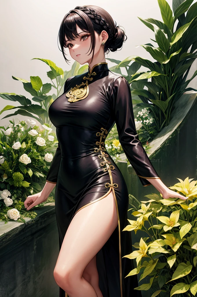 Funeral florist wearing chongsam dress black green brown white pallete with gold jewelry hair ponytail braid
