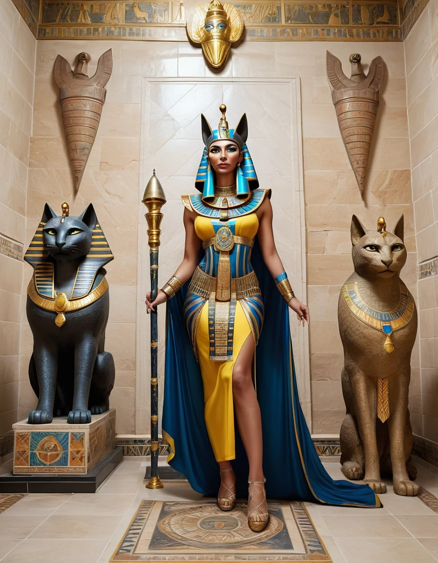 Egyptian goddess Bastet with an angry face in sexy clothes stands next to a vertical sarcophagus, in which lies the dried mummy of Putin. Pharaoh Tombs, Torch light, tile floor, on the wall is the coat of arms of Ukraine made of stone