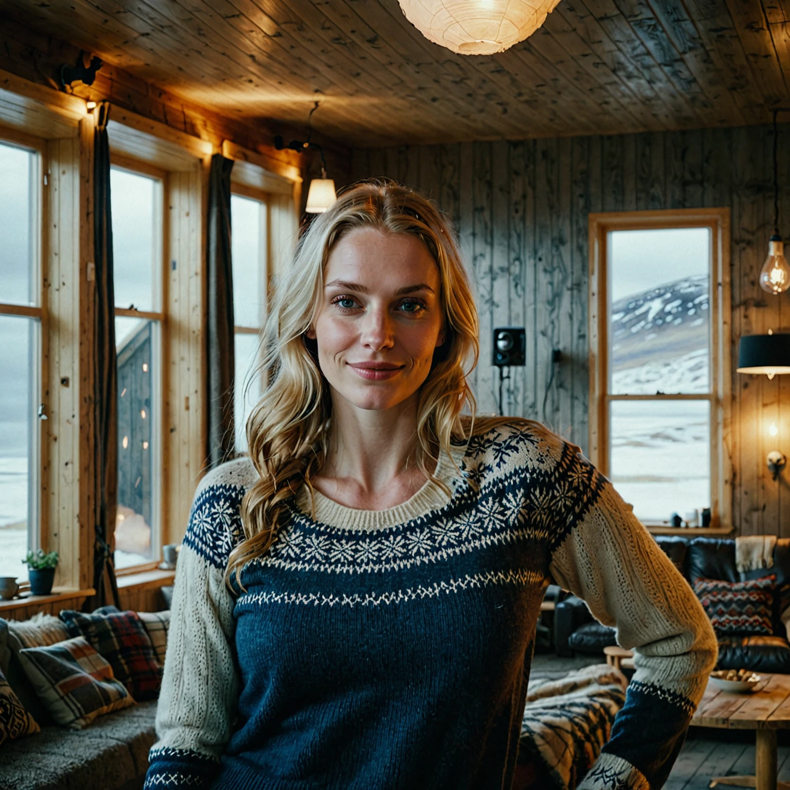 a beautiful picture of an icelandic woman in casual typical icelandic clothes ,masterpiece, photorealistic,full upperbody,indoors, (smile:0.5), film grain,cinematic lightning, nsfw, solo 1 woman, there are some sexual aspects in the picture