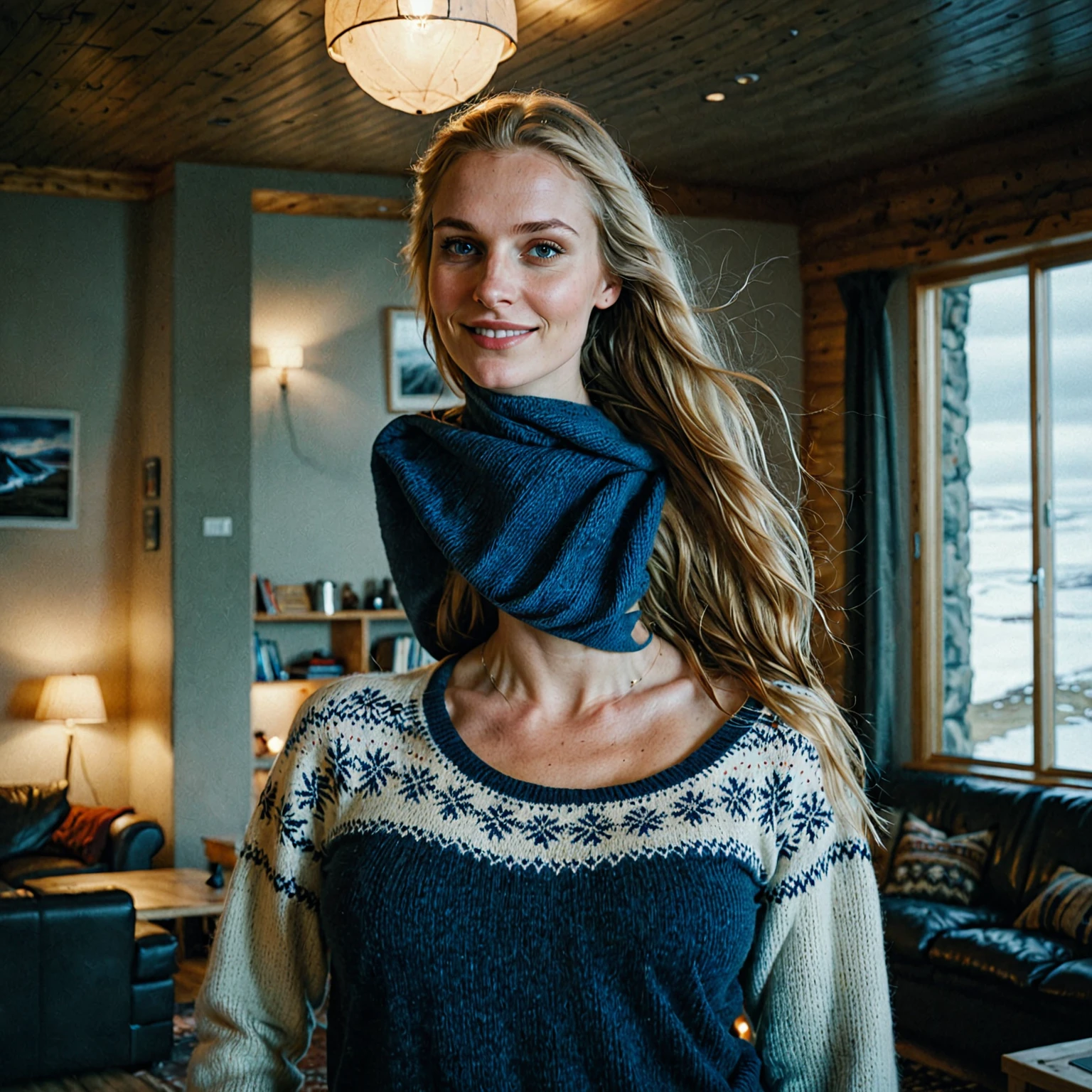 a beautiful picture of an icelandic woman in casual typical icelandic clothes ,masterpiece, photorealistic,full upperbody,indoors, (smile:0.5), film grain,cinematic lightning, nsfw, solo 1 woman, there are some sexual aspects in the picture