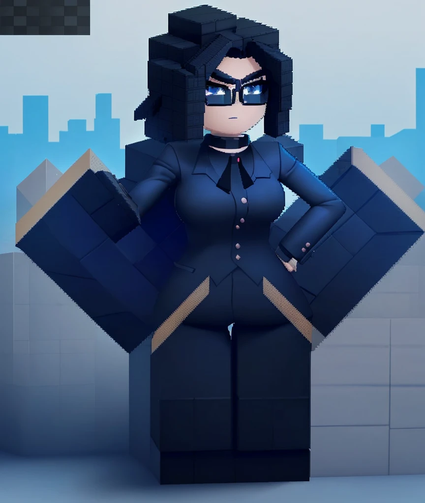 Roblox, good hair, black hair, full body, dark blue suit, black eyes, blue glasses (roblox), block head robloxian, (female), blocky body, squared body, 3d, roblox character, (roundy-squared body)