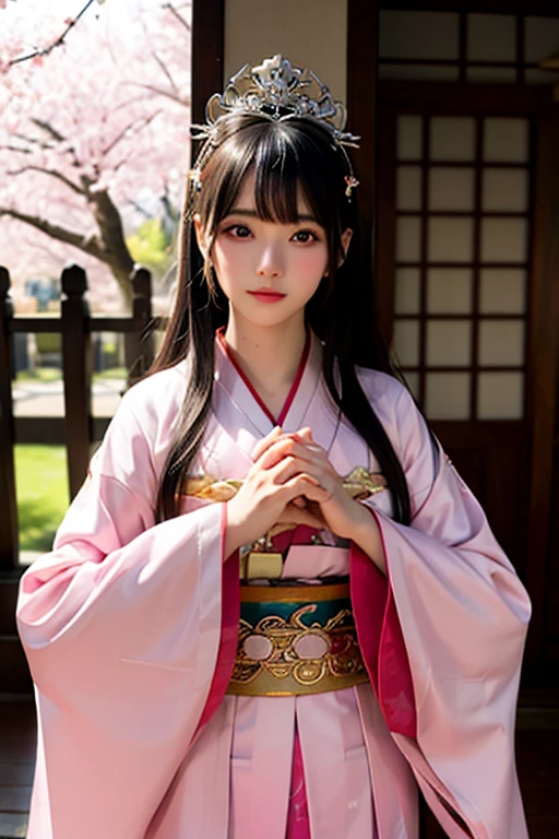 goddess 12unlined kimono The color is lustrous upright Joining hands in prayer looking at the camera Background is cherry blossoms Front view tiara Upper Body big
