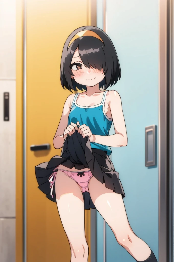 nishimuraakane,,hair over one eye,medium hair,black hair,1girl,solo,looking_at_viewer,camisole,miniskirt,socks,embarrass,blush,shy,,ribbon,,my room,(((lift skirt,panties)))