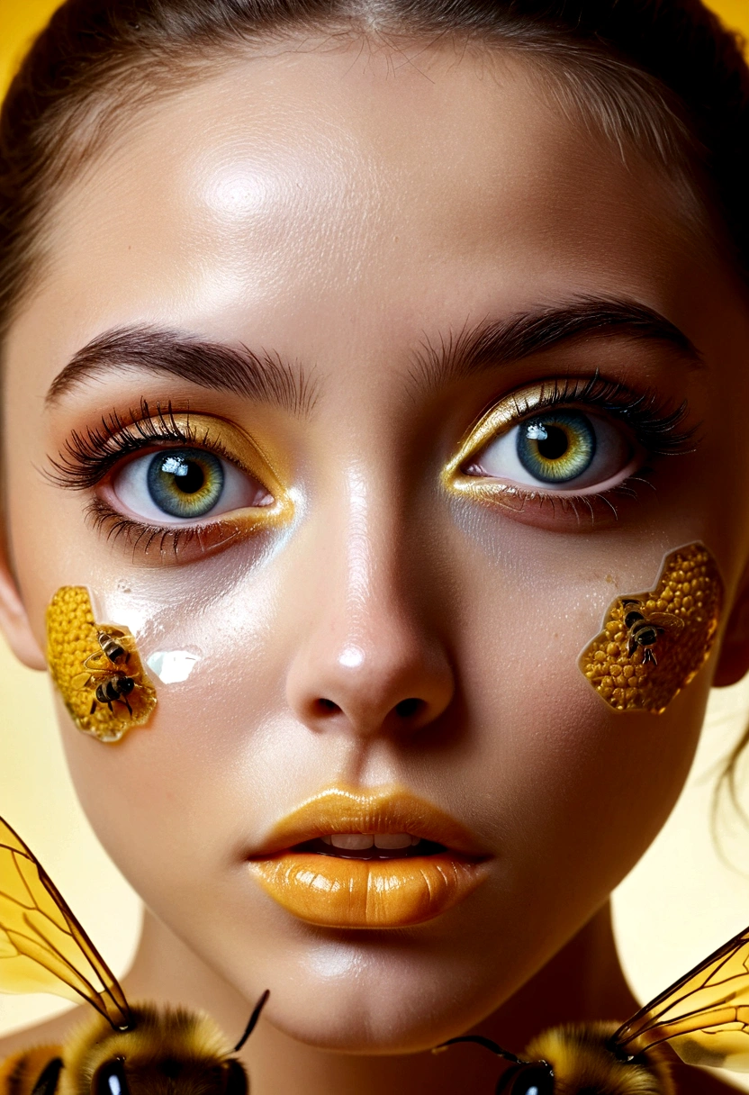 photoillustration double exposure of merged, a girl face, a bee face, full face, (transparency effect big eyes as bee eyes fit on her eyes), facet eyes, crystalite eyes, (transparency effect mouth as bee mouth fit on her mouth), macro photography, delicate skin, attractive pose, fashion pose, photo art, digital manipulated, extremely detailed, dramatic lighting, vivid color, intricate, 8k UHD, epic realism, fantasy art