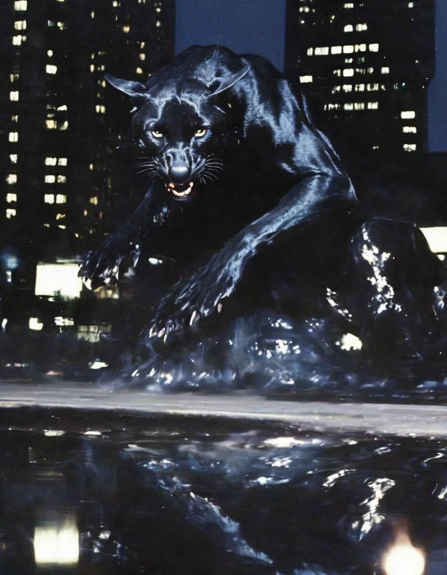 film photography, giant black panther jumping on new york street at night, night city background