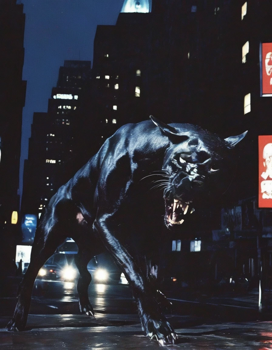 film photography, giant black panther jumping on new york street at night, night city background