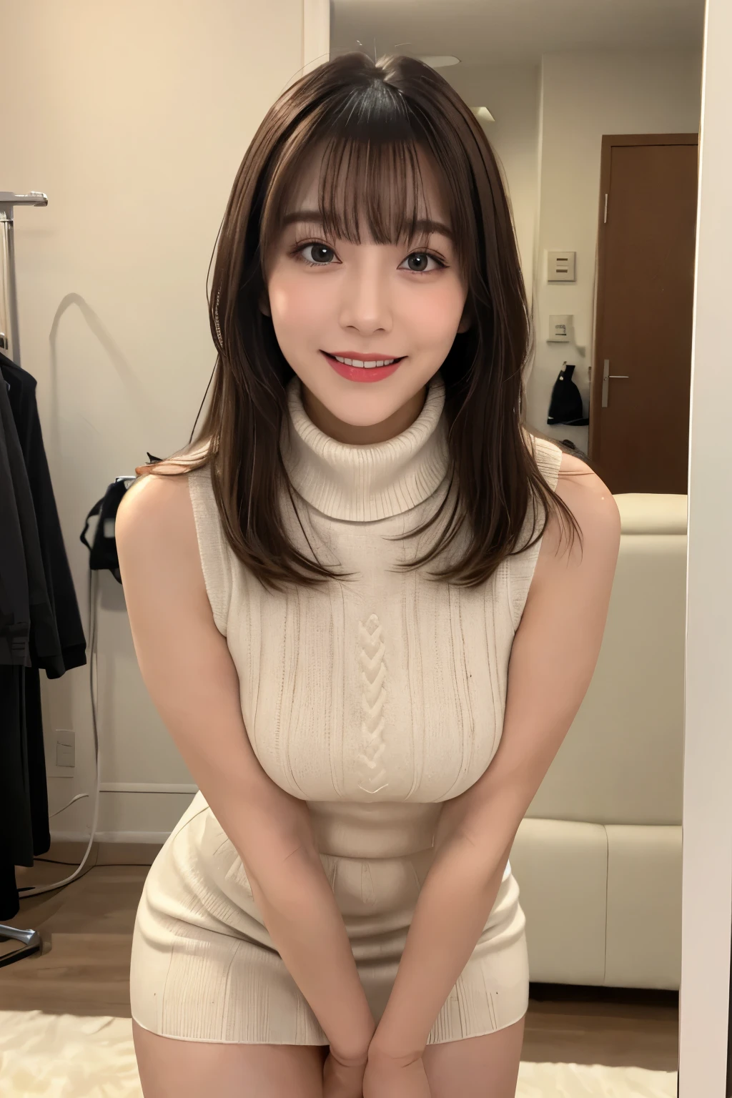 Highest quality　masterpiece　8K Ultra-detailed Face　Blonde　Full body photo　Cute pose　Sexy Photos　Focus on the face　Professional Lighting　Vivid Photos　Happy expression　Sulky look　Ecstatic expression Sex appeal　Glossのある濡れたカラスの毛　Gloss　Cute and sly　Droopy eyes　Absurd　Heavy bangs　A wide variety of skin tones　White sweater dress　Thighs　Selfie　turtleneck　Thighs　Mirror photo　Reflected in the mirror　No sleeve　Sleeveless sweater