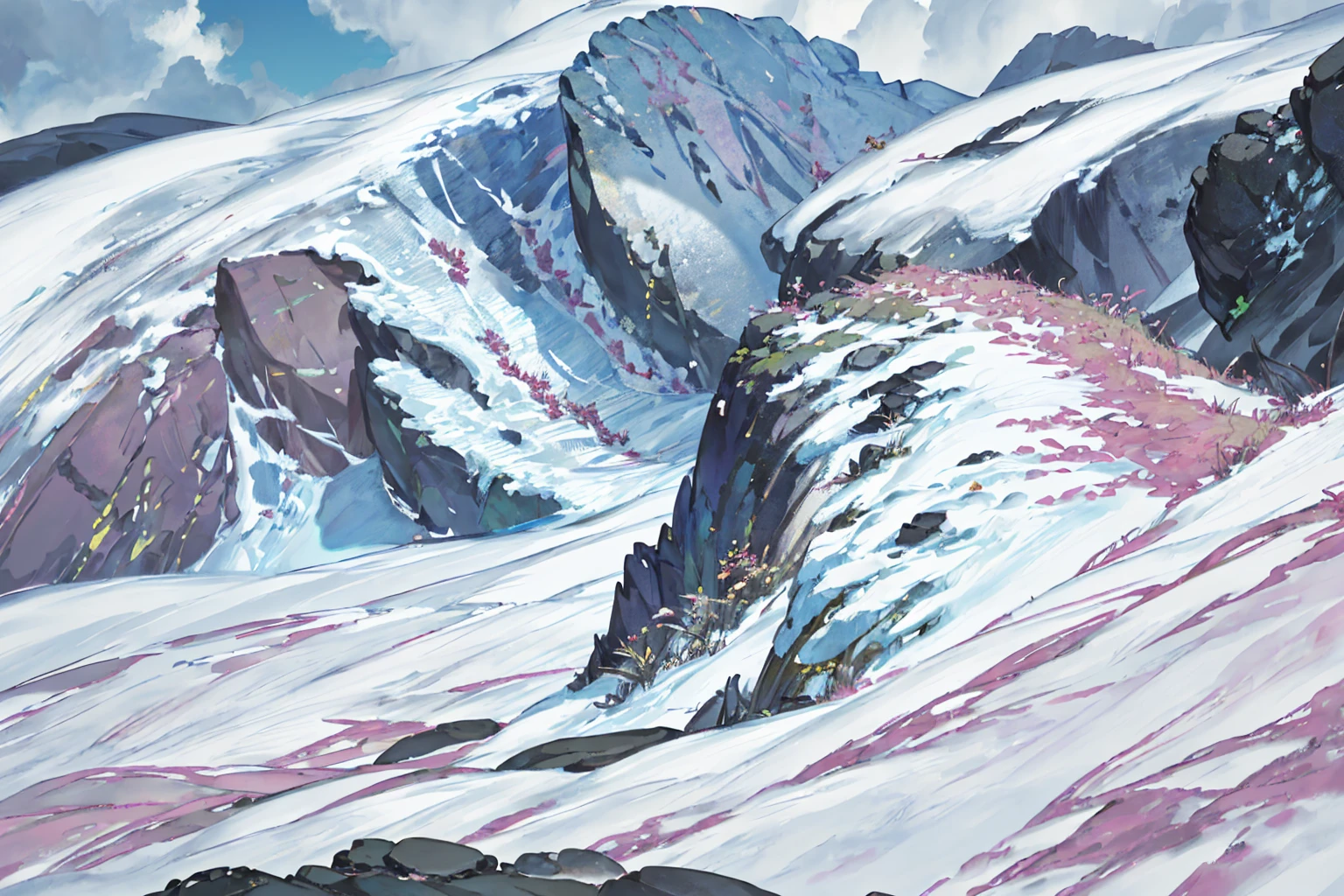 summer, rocky area, rock formation, (illustration : 1.0), Narrative composition, realistic lighting, HD detail, masterpiece, best quality best, (Highly detailed CG integrated 8k wallpaper), wide and flat rocky area, A small, sharp, rough rock at the top of the screen.,