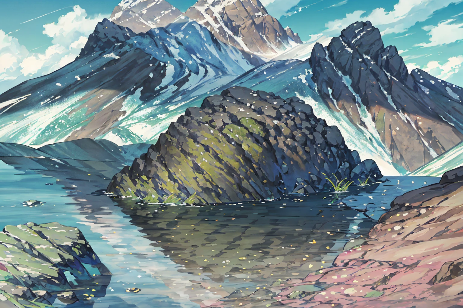 summer, rocky area, rock formation, (illustration : 1.0), Narrative composition, realistic lighting, HD detail, masterpiece, best quality best, (Highly detailed CG integrated 8k wallpaper), wide and flat rocky area, A small, sharp, rough rock at the top of the screen.,