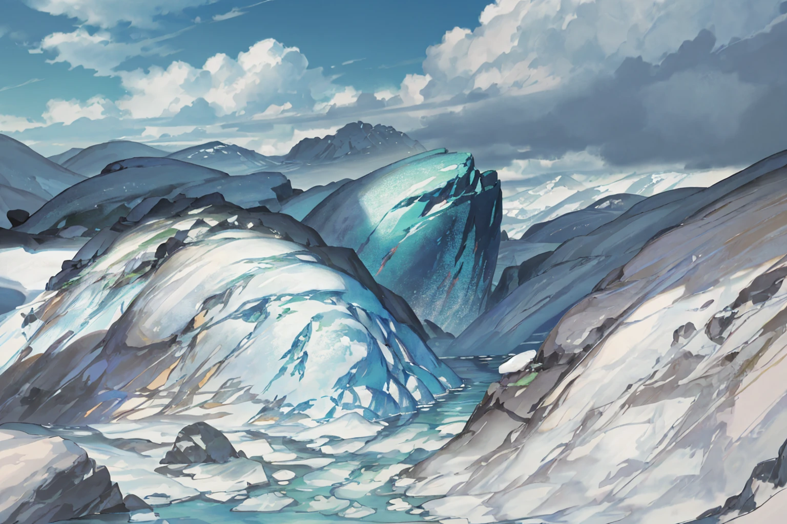 summer, rocky area, rock formation, (illustration : 1.0), Narrative composition, realistic lighting, HD detail, masterpiece, best quality best, (Highly detailed CG integrated 8k wallpaper), wide and flat rocky area, A small, sharp, rough rock at the top of the screen.,