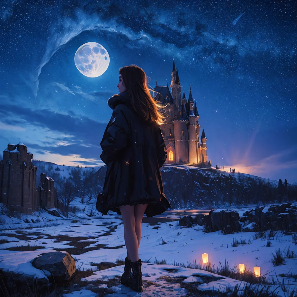 girl stands with her back, big moon with eyes, beautiful moonlight, starry sky, castle on a hill in the distance, rocks