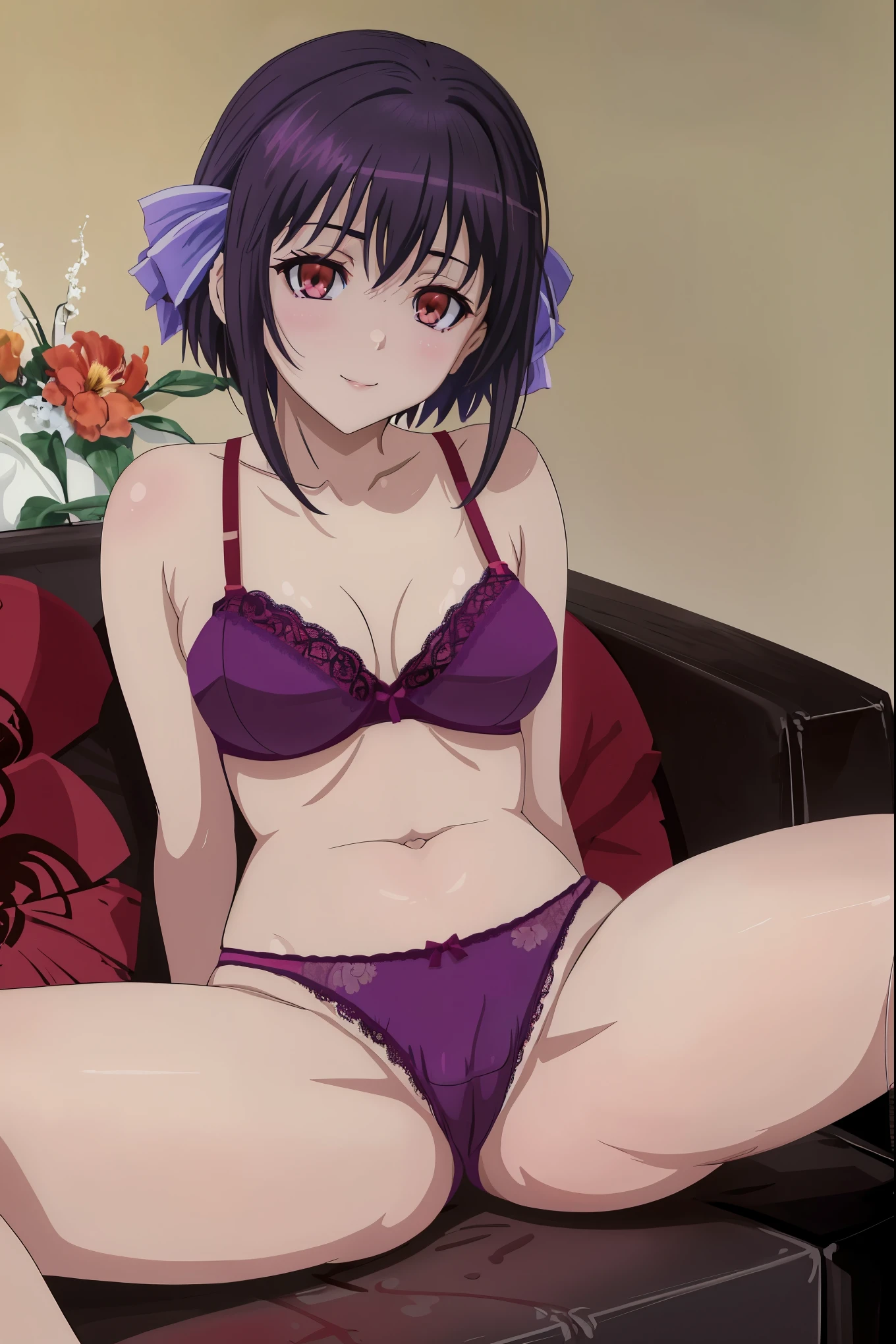 [[anime styled]],[[digitalart]],masterpiece,best quality,Tomomi_Xijing,(red eyes),black hair,Short hair,Hair Ribbon,(midium build),NSFW,1girl,((sitting on the couch,reclining)),face focus,short torso,Perfect Lighting,[perfect anatomy],,((nude)),((lite purple floral lace panties,)),((lite purple floral lace bra)),(lingerie),cameltoe,relaxing,seductive smile,spread legs, break background living room,couch