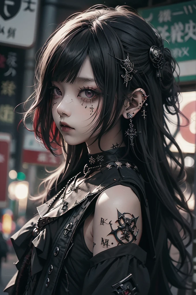 maximum quality、8K、Masterpiece artwork：1.3、gothic punk、red internal color、A brunette、hair ornaments、a beautiful girl、creative、dark fantasy style、Neogos、gothic fashion：1.2 sex
