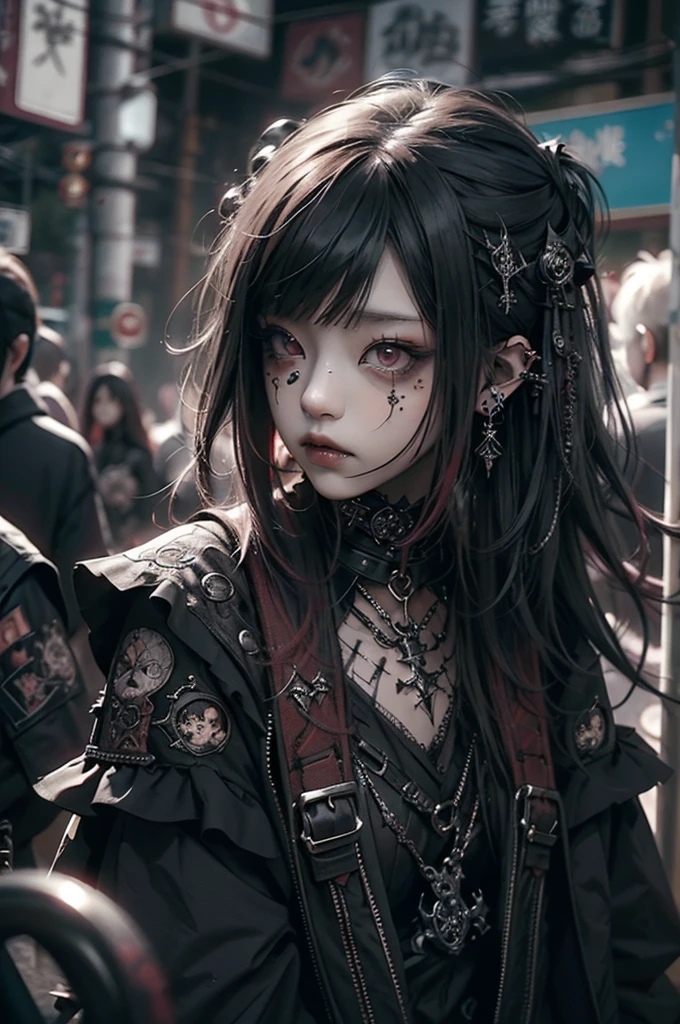 maximum quality、8K、Masterpiece artwork:1.3、gothic punk、red internal color、A brunette、hair ornaments、a beautiful girl、creative、dark fantasy style、Neogos、gothic fashion:1.2 sex