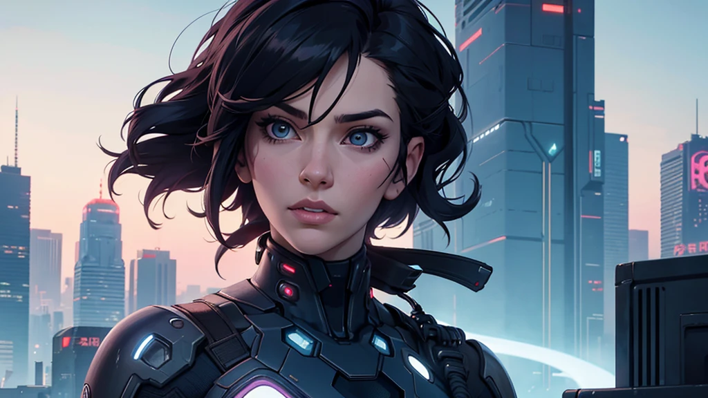 (masterpiece), (best quality), (very detailed), ((1 woman)), (cyberpunk), future city background, ((ghost in the shell)), detailed eyes, Detailed nose, Detailed lips, perfect face, perfect body, revealing combat suit, Place a small person on the left side of the picture, movie poster, landscape