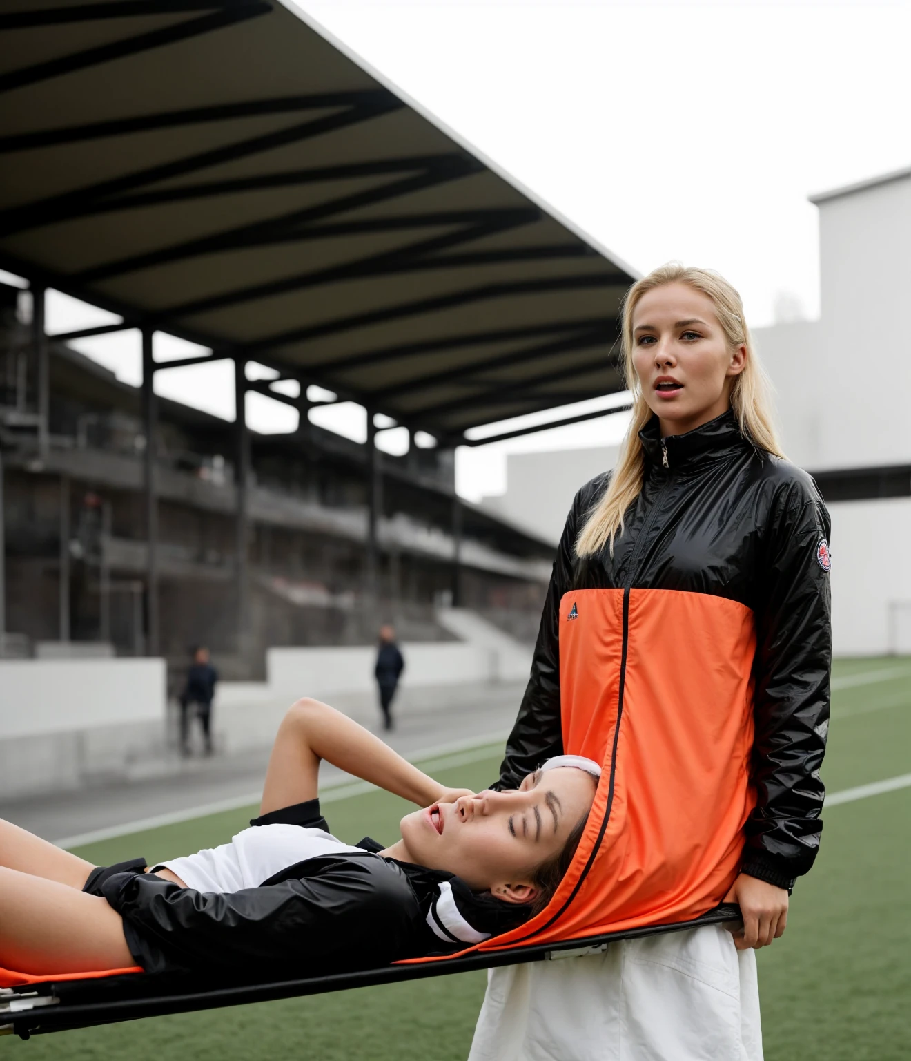 📷, soccer accident, sports injury, soccer match in a crowded stadium, injury scene, there is a sportsman in matte cotton sportswear lying injured on a stretcher, there is an injured sportsman in matte cotton sportswear lying on his side on a stretcher with a bandaged ellbow, an injured sportsman in matte cotton sportswear is lying on his side on a strecher being carried by an extrovert blond woman in a high shine long moncler coat, an injured sportsman is writhing in ecstasy on a stretcher while lying on his side, dramatic pity pose, there is a blond shouting and crying woman in a high-shine puffy coat, a high-shine black down coat, a long black moncler coat, a wetlook down coat, a wet black laquered coat, a excited screaming blond woman is wearing a wetlook black latex-coat, injured, medic, soccer action pose, affection pose, lecherous action pose, dramatic action pose, theatralic pose, there is an attractive woman that is carrying a sportsman in matte cotton sportswear, there is a beautiful woman in a shiny coat who is carrying a man on a stretcher, a longhaired beautiful woman in a high-shine black puffy coat, a longhaired woman in a shiny downcoat, a woman is carrying a shorthaired man in matte cotton sportswear on a stretcher, a weak man in spots shorts is consciousless and needs to be carried, a shorthaired man with a bandaged ellbow is carried away on a stretcher, a woman looks very scared and terrified, a sportsman in matte cotton sportswear is suffering very much on a stretcher, photo, photo shoot, photographed , accident, help, aid, first aid, pity