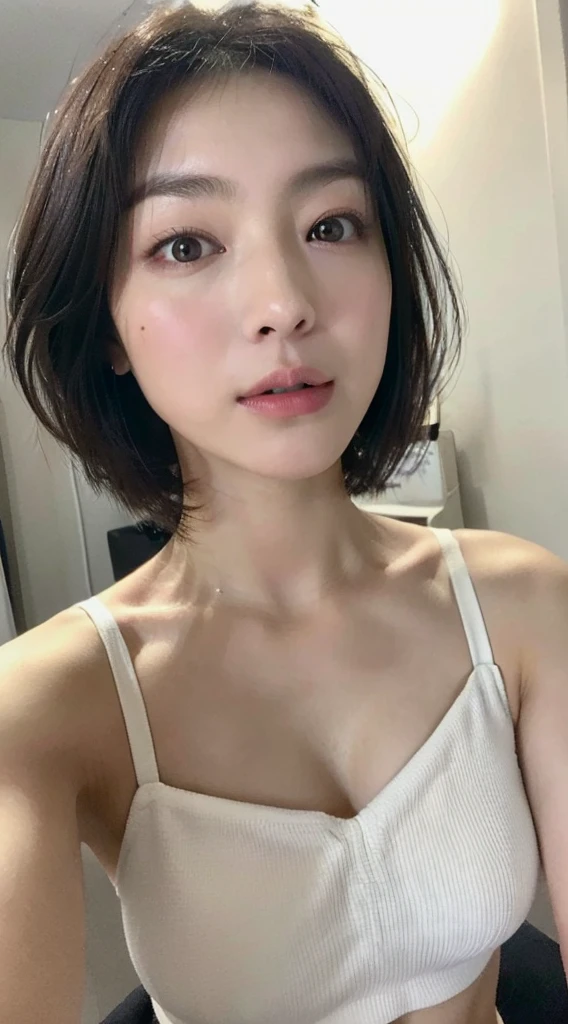 ((Realistic lighting, best qualtiy, 8K, tmasterpiece:1.3)), sharp focus:1.2, 1girl, Beautiful Women with Perfect Figure:1.4, Slim abs:1.1, ((dark brown short hair)), (White crop top:1.4),(exteriors,during night:1.it on the indoor bed,Ultra-fine face,Fine eyes,double eyelid,Leaks out the entire delicate brea
