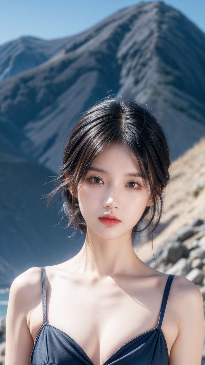 best quality, 1 Girl, dark blue hair, black eyes, Very short hair, Spiky hair, wears sweet red red dress luxury，A cropped dress, 171 cm, Messy hair, Hair between the eyes, Tomboy, aldult, 20 years old, A sweet girl by the mountain