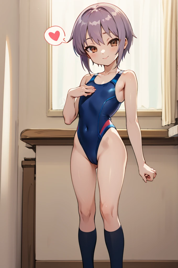 masterpiece, best quality, highres, ny1,,looking viewer,,spoken heart,,(petite), ,swimsuits,leotard,socks,expressionless,my room,smile,standing