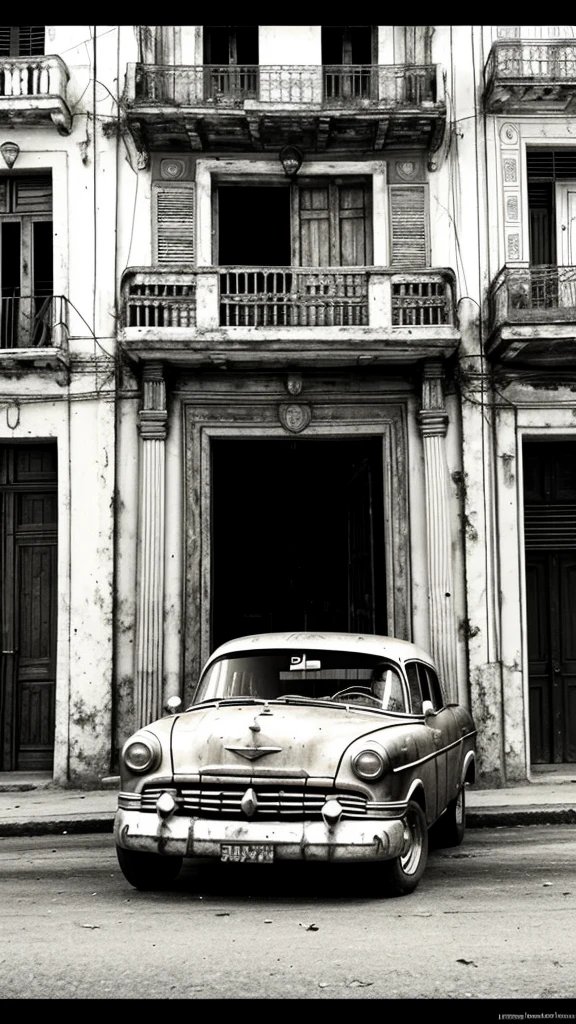 Pyrography of old car in Havana. urban landscape. monochrome. Cuban flag. Balconies