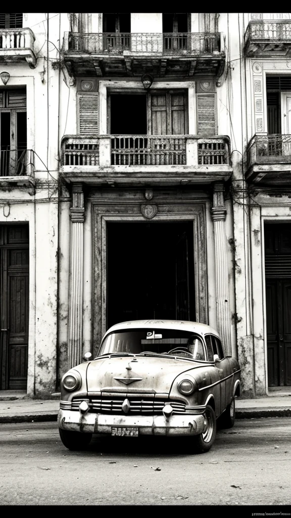 Pyrography of old car in Havana. urban landscape. monochrome. Cuban flag. Balconies
